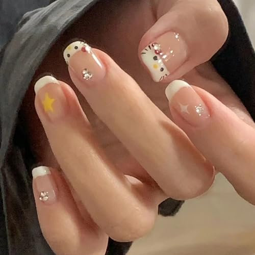 French Kitty Lot de 24 faux ongles carrés extra courts avec perles de sirène et motif de couleur douce pour femme et fille