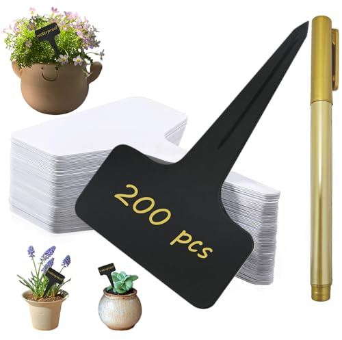 Pflanzenschilder Zum Beschriften, 200Stück 6X10CM Pflanzenstecker, Pflanzschilder mit Marker für Draussen Wetterfest, T-Typ Kunststoff Stecketiketten, Weiß und Schwarz, Mit Markierstift Plant Signs