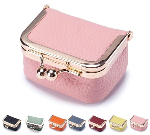 BOSENIYU Mini boîte à bijoux en cuir, porte-monnaie vintage portable en cuir véritable, organiseur de bijoux avec fermoir Kiss Lock. (Rose)