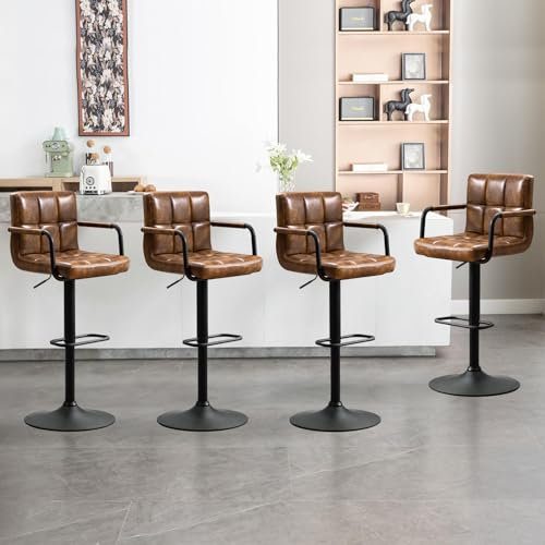 Ckaff Tabouret de Bar Lot de 4, Tabouret de Cuisine Pivotants 360°,Chaise de Bar Réglable en Hauteur avec Similicuir avec et Repose-Pieds, Dossier, Accoudoirs pour Cuisine, Comptoir, Bar, Marron jaune