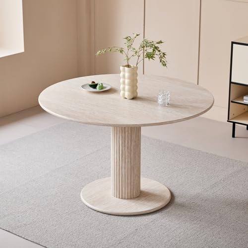 JZGORC Runder Esstisch mit Zylindrischen Tischbeinen, Marmoroptik, Moderner Minimalistischer Esstisch für Wohnzimmer oder Küche, 120 x 120 x 75 cm – Gelber Travertin