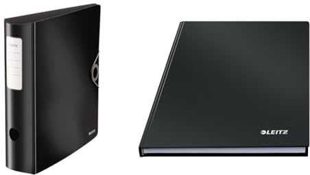Leitz Set Qualitäts-Ordner 180° Active Solid A4 + A5 Notizbuch kariert, Ordner mit abgerundetem Rücken 8,2 cm breit, Gummibandverschluss, Notizbuch mit 160 Seiten, 80 Blatt, Schwarz, 10471095+46660095