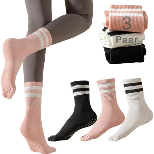 QUPOLPOL 3-Paar Rutschfeste Zehensocken Damen – Fünf-Finger-Socken aus Baumwolle, Atmungsaktiv & Bequem für Yoga, Pilates, Fitness, Zuhause & Alltag