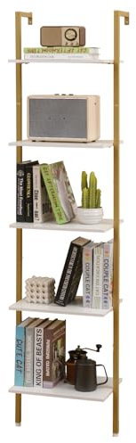 COSTWAY 5-Tier Ladder Shelf, Tall Narrow Wall Bookshelf Open Display Rack, Metal Frame Wooden Wall Mounted Bookcase Storage Shelving Unit for Living Room, Bedroom and Office, 43x30x178cm, White+Gold