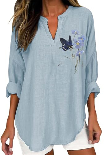 Uwdiohq Tee Shirt Femme, Chemise Femme en Coton Lin d'Été Grande Taille à Manches Longues, T-Shirt Décontracté à la Mode avec Col en V et Boutons à Manches Longues, Imprimé Fleuri, Rayures