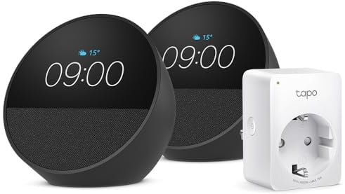 Echo Spot | Schwarz, 2er pack + Tapo P100MA WLAN-Steckdose, kompatibel mit Amazon Alexa - Smart Home-Einsteigerpaket