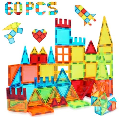 Magnetische Bauklötze Spielzeug 60 Stück, STEM Magnetische Bausteinspielzeug für Kleinkinder Kinder Junge Mädch 3 4 5 6 7 8 Jahre