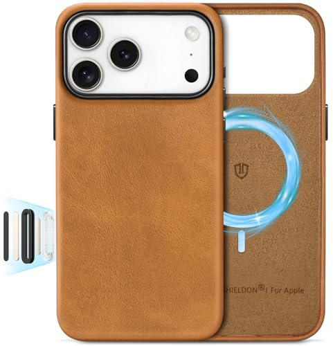 SHIELDON Lederhülle für iPhone 17 Pro Max 6,9 5G 2025, Retro Hellbraun | Kompatibel mit MagSafe, Magnetisch Kabelloses Laden, Echtleder, Metallknöpfe, Kamerasteuerung, Kratzfest, Rutschfest Case
