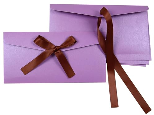 BINLINHONGO Briefumschläge aus Kraftpapier, mit Schleife, dicke Perlglanz-Umschläge für Grußkarten, Festivalbedarf, Geburtstag/Party/Hochzeitseinladungen, Violett, 5 Stück