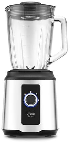 Ufesa Batidora de Vaso Sunset, Potencia 1600W, Jarra de Cristal Capacidad 1,5L, 2 Velocidades + Pulse, Tritura Hielo, Cuchillas de Acero Inoxidable, Base Inox, Base Antideslizante
