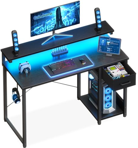Coleshome Escritorio Gaming con Cajones de Tela, 100x45cm, Negro | Luces LED, Reversible, Con Estantería, Gancho para Auriculares Para Casa y Dormitorio