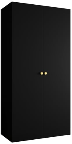 MEBLE KRYSPOL - Kleiderschrank - Garderobenschrank - 100 cm x 202 x 52 cm - Schrank mit Kleiderstange, 2 Türen - für Schlafzimmer, Flur - Parma, Schwarz, Griff Gold