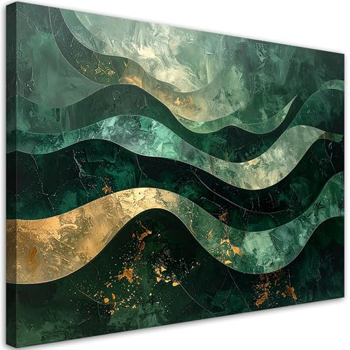 Feeby Wandbild - Wohnzimmer Modern Deko - Abstrakt Wellen grün gold - 100x70 1tlg - Bilder Leinwand - Bild auf Leinwand Schlafzimmer - Leinwandbilder für die Wand - Canvas Painting - Fotokunst