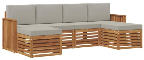 vidaXL Sofagarnituren 6 pcs Natürlich und Hellgrau Massivholz Akazie, Outdoor-Sofa, modernes Gartenmöbel, langlebiges Ecksofa, Terrasse Lounge, Sitzgruppe für die Veranda
