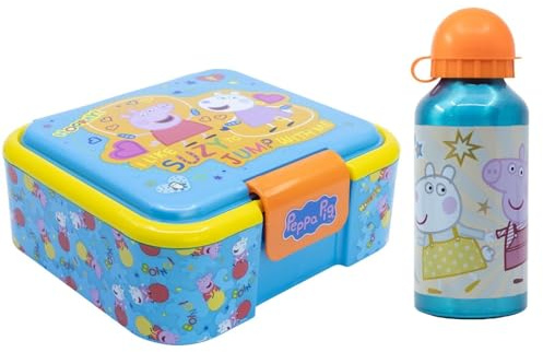 E plus M Peppa Wutz Kinder Lunch Set XL, Brotdose mit Aluminium Trinkflasche 400 ml, Peppa Pig & George Frühstücksset für Kindergarten und Schule