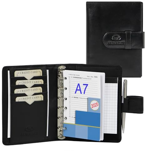 ALMADIH Leder A7 Terminplaner Kalender 2025 2026 Notizblock Premium Rindsleder SCH in Geschenkbox – Ledermappe Mappe Schreibmappe Organizer Terminkalender Ringbuch Pocket Kompakt (A7 Term schwarz)