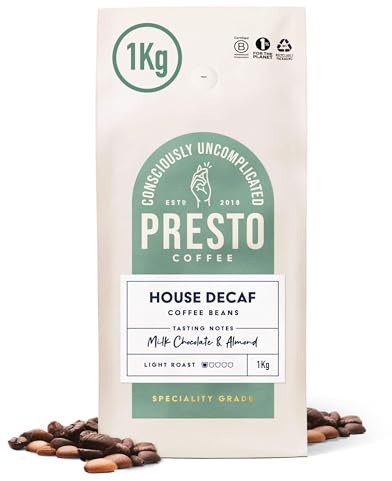 Presto Decaf Coffee Beans 1kg | Speciality Grade 100% Arabica Whole Bean Coffee | Swiss Water Decaffeinated | Light Roast | Single Origin Mexican Coffee | Milk Chocolate & Almond