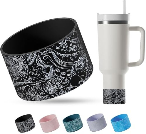REUZBL Protective Silicone Boot Sleeve for Small Mouth 18-24 oz Hydro Flask Insulated Water Bottles, Protects Our Oceans, Anti-Slip Bottom Cover Accessory (Black Sea Life, 18oz, 21oz, 24oz)