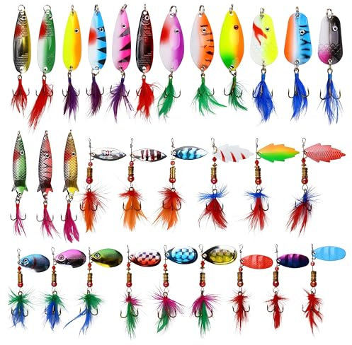 Rooster Bait Tail Spinner Fishing Lures Kit,30pcs Metal Spoon Lures with Feathered Treble Hooks for Bass Walleye Trout Freshwater Saltwater