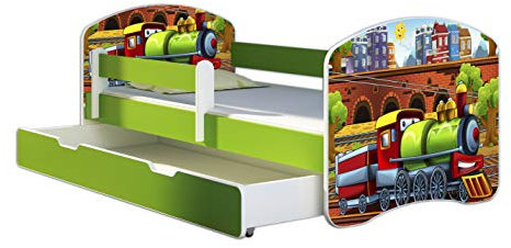 ACMA Kinderbett Jugendbett mit Einer Schublade und Matratze Grün mit Rausfallschutz Lattenrost II 140x70 160x80 180x80 (44 Lokomotive, 180x80 + Bettkasten)