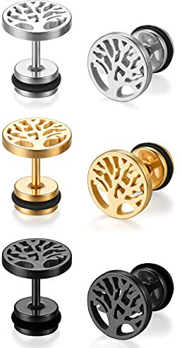 JewelryWe Schmuck 3 Paar Baum des Lebens Ohrstecker, Edelstahl Lebensbaum Runde Kreis Ohrringe für Herren Damen Tunnel Plug Ohrpiercing Barbell Stud Silber Schwarz Gold