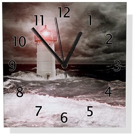 Wallario Design Wanduhr Leuchtturm im Wasser bei stürmischer See aus Aluverbund, Alu-Uhr Größe 30 x 30 cm, Schwarze Zeiger mit Metalloptik