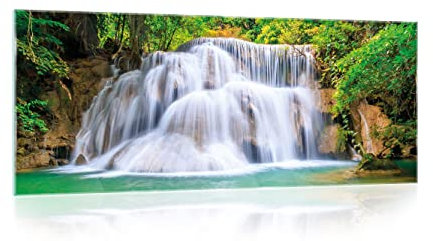 Glasbild Wasserfall Wald Natur Landschaft 125x50 cm Modern Glasbilder Wohnzimmer Schlafzimmer Badezimmer Bilder auf Glas Bild groß XXL einteilig Querformat Wandbild Wandbilder Aufhängfertig