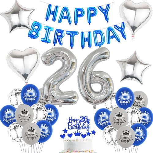 Luftballon 26. Geburtstag mann blau deko Folienballon 26 jahre Geburtstags deko mann männer blau set happy Birthday 26th Geburtstagsdeko 26 mann Ballon 26 jahre Geburtstag mann Dekoration set(26)