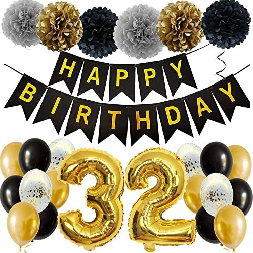 Feelairy Ballons 32. Geburtstag Deko Männer Frauen, Schwarz Gold Geburtstagsdeko 32 Jahre Mann Frau, Happy Birthday Deko Konfetti Luftballons Deko 32 Geburtstag Mann 32 Geburtstag Deko Frauen