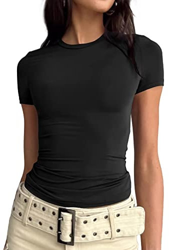 Women Y2k Basic Short Sleeve Top Slim Fitted Baby Tee Round Neck Skim Dupe Crop Top Blouse Aesthetic Streetwear (A-a-Black, M)