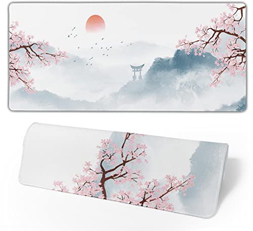 Grand tapis de souris de jeu japonais en fleur de cerisier Sakura avec bords cousus, 3 mm, pour la maison, le bureau, 80 x 30 cm, fleur de cerisier 1