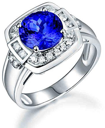 Lieson Hochzeit Ring Weißgold Herren 750 18K, Eheringe für Männer Quadratisch Rund Tansanit 2.5ct mit Diamant 0.42ct Verlobung Ring Weißgold Große 58 (18.5)