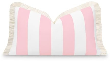 Hofdeco Premium Coastal Patio Indoor Outdoor Lendenkissenbezug, 30,5 x 50,8 cm, wasserabweisend, für Hinterhof, Couch, Blush Pink Stripe Fransen