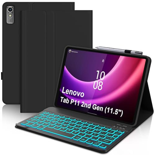 IVEOPPE Funda Teclado para Lenovo Tab P11 2nd Gen 11.5, Teclado Español Ñ Bluetooth Retroiluminados Inalámbrico Extraíble para Tablet Lenovo Tab P11 de 2.ª Generación 11,5 TB-350FU/TB-350XC, Negro