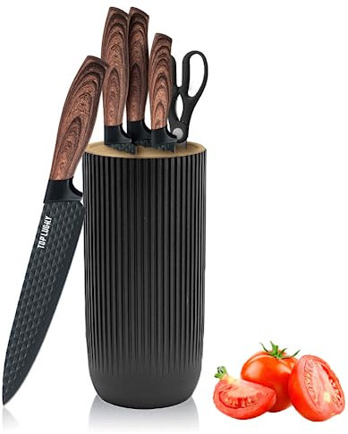 Messer Set, 6-teiliges Schwarz Messerblock Set für Küche, Scharfes Professionelle Edelstahl Kochmesser Set mit Universal-Messerblock, Küchenmesser zum Schneiden, Schneiden, Würfeln (Schwarz)