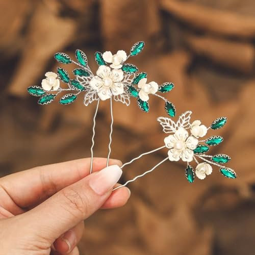 IYOU Blume Hochzeit Haarnadeln Grün Kristall Braut Kopfschmuck Blätter Prom Brautjungfer Haarschmuck für Damen(2 Stück)