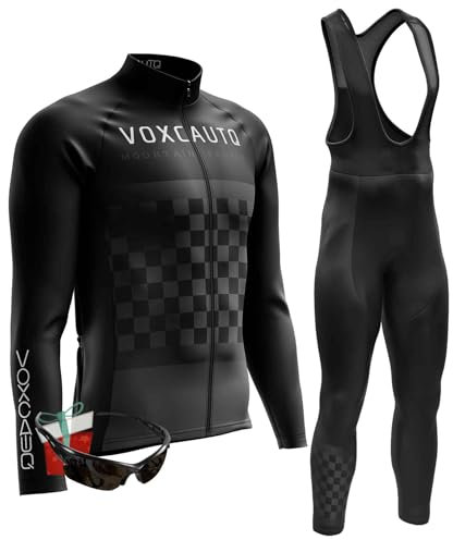 VOXCAUTQ Uomo Ciclismo Autunnale Complet Abbigliamento Ciclismo Set Manica Lunghi Tuta Ciclismo＋Pantaloni Ciclismo con 9D Imbottitura in Gel + Occhiali Antivento da Ciclismo (M,TypA-5)