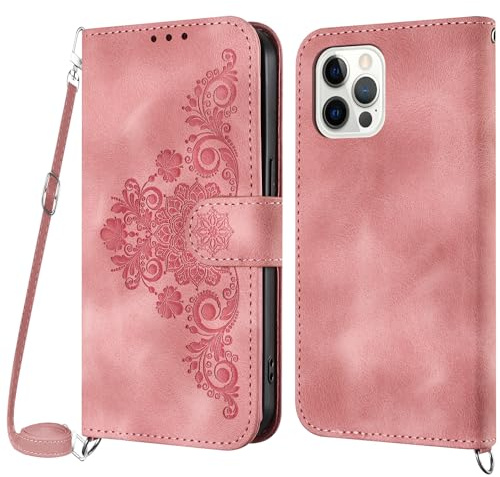 NETANY Cover per iPhone 12 Pro Max con Cordino, Flip Portafoglio Custodia in Pelle, [2 Porta Carte][Chiusura Magnetica],Custodia Libro Antiurto Cover con Laccio per iPhone 12 Pro Max (Rosa)