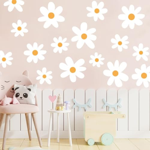 Runtoo Wandtattoo Gänseblümchen Wandsticker Boho Weiße Blumen Blüten Wandaufkleber Kinderzimmer Babyzimmer Wohnzimmer Schlafzimmer Flur Wanddeko