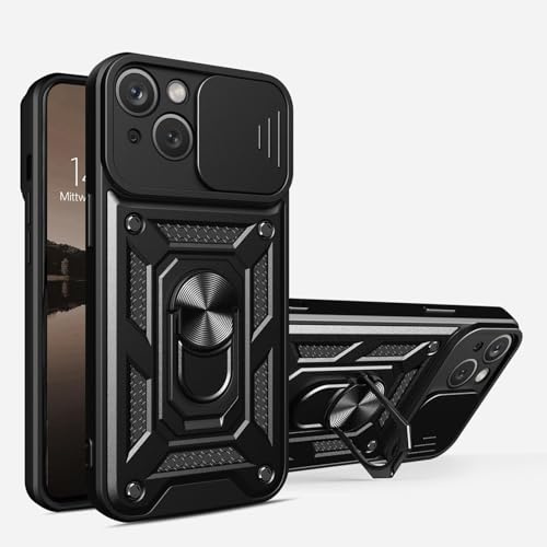 LBH Armor Hülle kompatibel mit Apple iPhone 14 Case mit Kameraschutz Outdoor Stoßfest Handyhülle 360 Grad Metal Ring Halter Ständer Schutzhülle für Handyhalterung Auto Magnet Schwarz