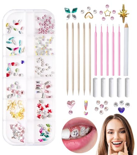 Kit de pierres dentaires, kit de strass colorés, kit de bijoux en colle à cristaux dentaires, ornements de dents amovibles tendance, kit de pierres dentaires à faire soi-même, ornement de bijoux de