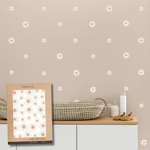 TRESXICS Stickers Muraux Salon Marguerite Fleur Aquarelle, 64 Pièces, Décoration Chambre Original et Résistant, Effet Papier Peint Autocollant Mural, Application Facile et Amovible (Rose)