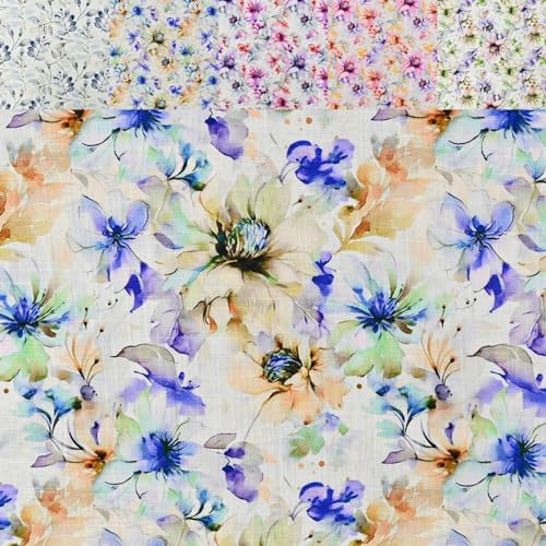 Generisch Halbleinen Meterware Gemustert Blumen - Leinenstoffe Bedruckt floral - Viskoseleinen, Leinengewebe - Leinen Viskose Blusenstoff *Ab 50cm, Farbe: 004 Blumen blau & orange
