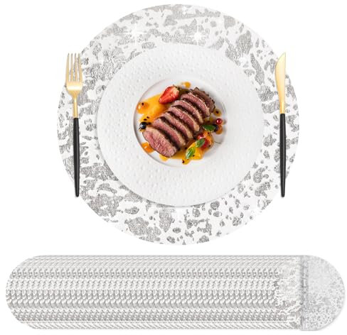 Hysenm 50 Stück Einweg-Tischsets, Silberfarben, 33 cm Rund Ultradünn, Foliennetz, gepresste Tischdeckchen, Einweg-Platzdeckchen für Heimdekoration, Esstisch, Hochzeit, Geburtstag, Party