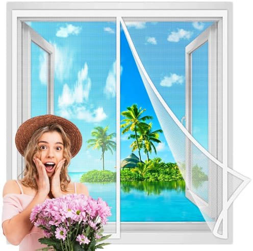 Magnetischer Fenster Fliegen Insektenschutzvorhang 135x95 cm, verstellbares Fliegengitternetz mit magnetischem Blockverschluss, einfache Installation für alle Fenster Weiß Verstärkte