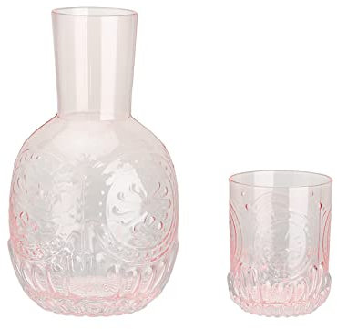 Vintage Bedside Water Carafe with Tumbler, Night Water Carafe, Elegant Pitcher and Matching Drinking Glass Doubles As Lid for Guest Room, Office (Pink)
