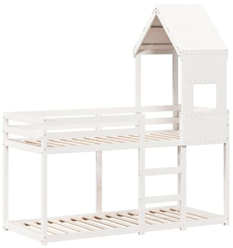 vidaXL Etagenbett, Hochbett mit Dach Leitplanken, Stockbett für Schlafzimmer, Bett Holzbett Einzelbett, Weiß 75x190cm Massivholz Kiefer