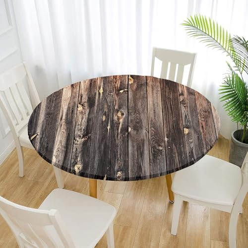 Treer Tischdecke Outdoor Rund, 3D Holzbrett Drucken Lotuseffekt Tischdecke Abwaschbar Elastisch Rund Gartentischdecke, für Garten, Küche, Esstisch, Parteien Tischdecken (200cm,Schokolade)