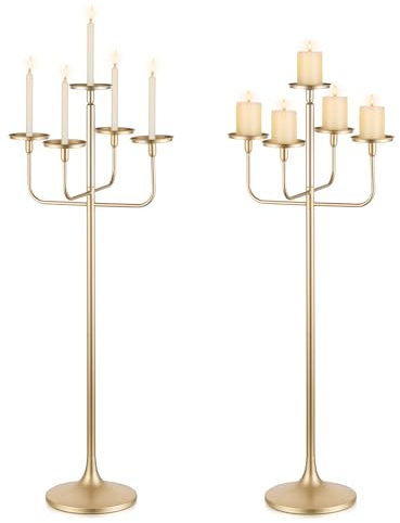 Sziqiqi Gold Floor Candelabra for Wedding: 2 Pcs Candelabra Centrepiece 122cm Tall for Candlestick Pillar Candles - 5 Arm Extra Large Candle Holders for Christmas Birthday Party Anniversary