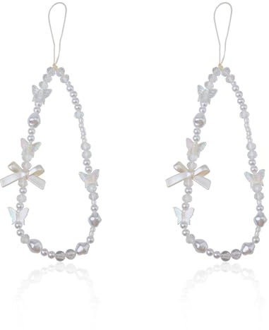 Mikovivi 2stk Handyanhänger mit Schleifen, Weiß Handyanhänger mit Perlenschleife Süß Handyarmband mit Perlen Anti-Lost Handy-Lanyard mit PerlenHandykette Perlen für Frauen